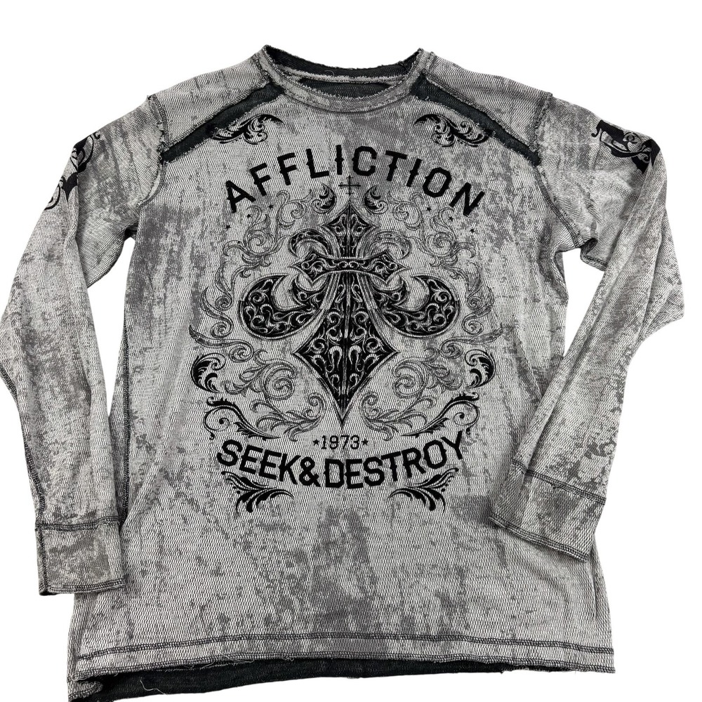 Affliction Seek & Destroy Shirt Mens 3XL Gray Reversible Thermal Flag Cross